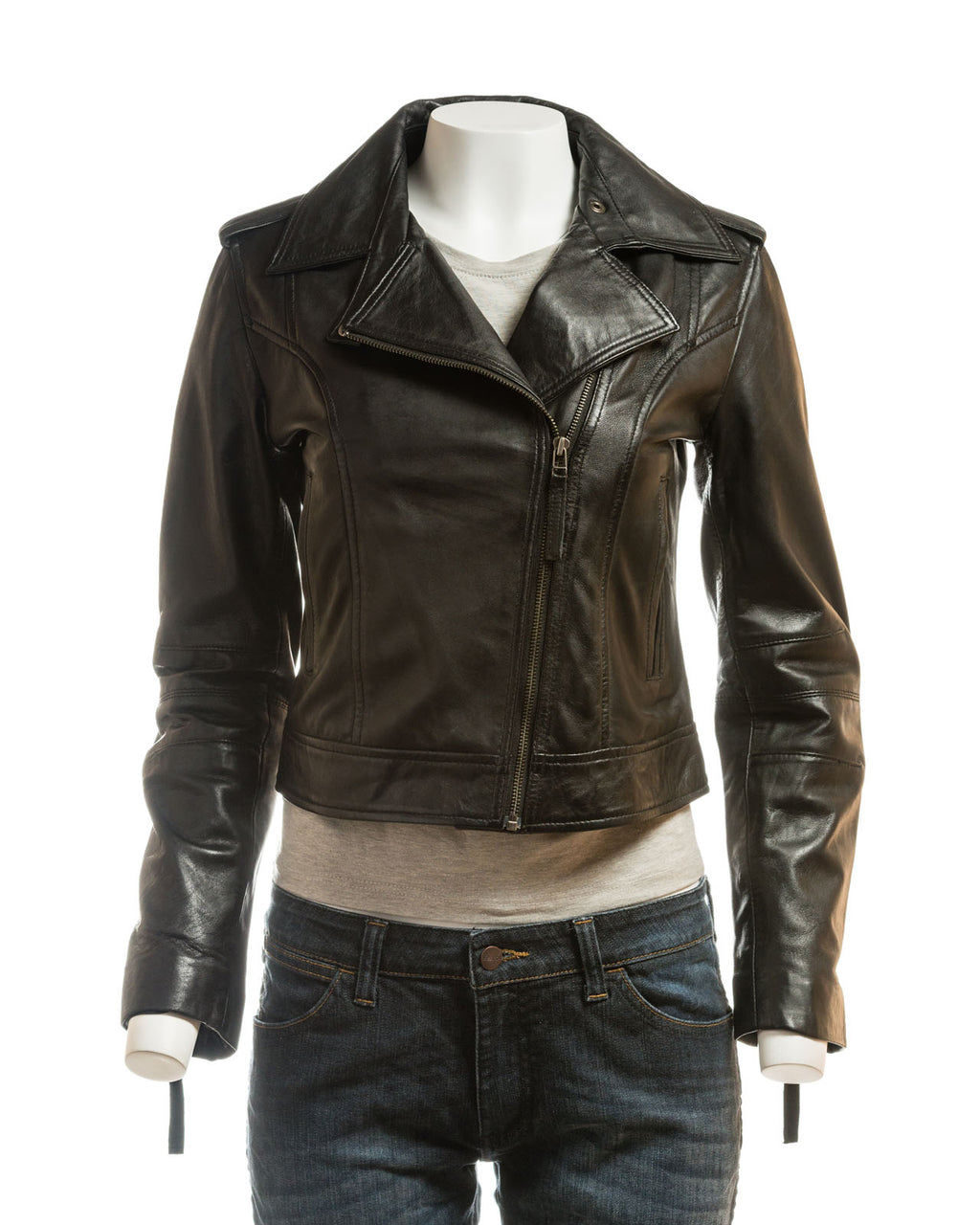 Ladies Black Simple Asymmetric Biker Style Leather Jacket: Augusta