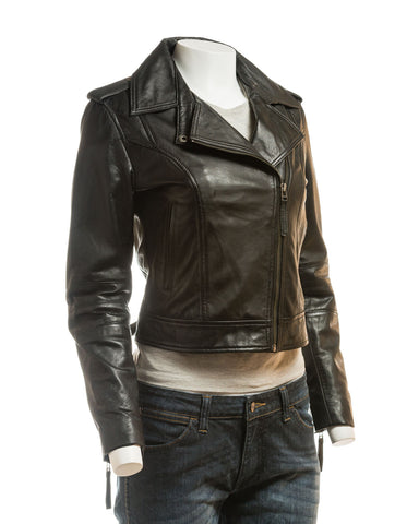 Ladies Black Simple Asymmetric Biker Style Leather Jacket: Augusta