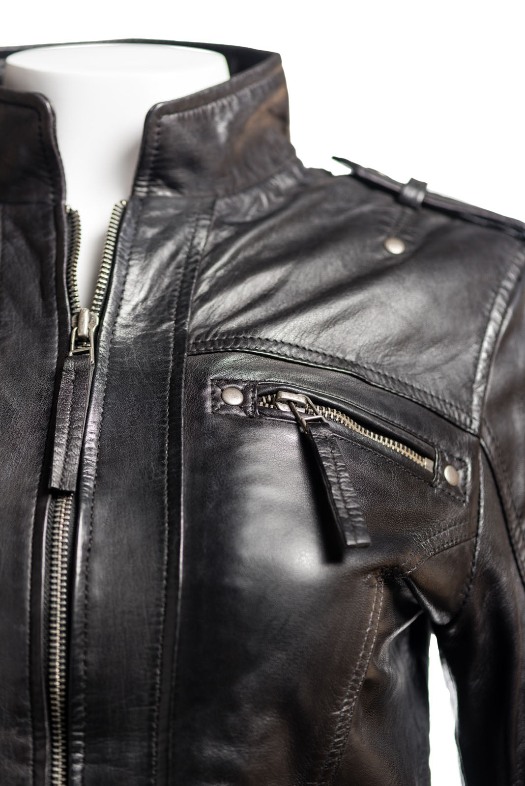 Ladies Yellow Tab Collar Biker Style Leather Jacket: Anastasia
