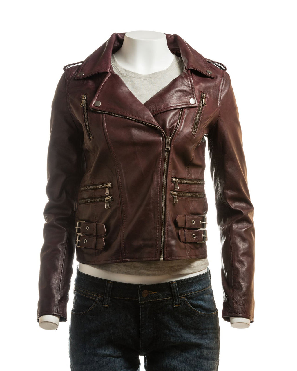 Ladies Tan Buckled Asymmetric Biker Style Leather Jacket: Angelica