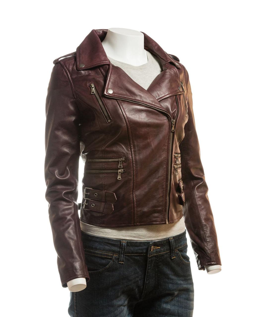 Ladies Tan Buckled Asymmetric Biker Style Leather Jacket: Angelica