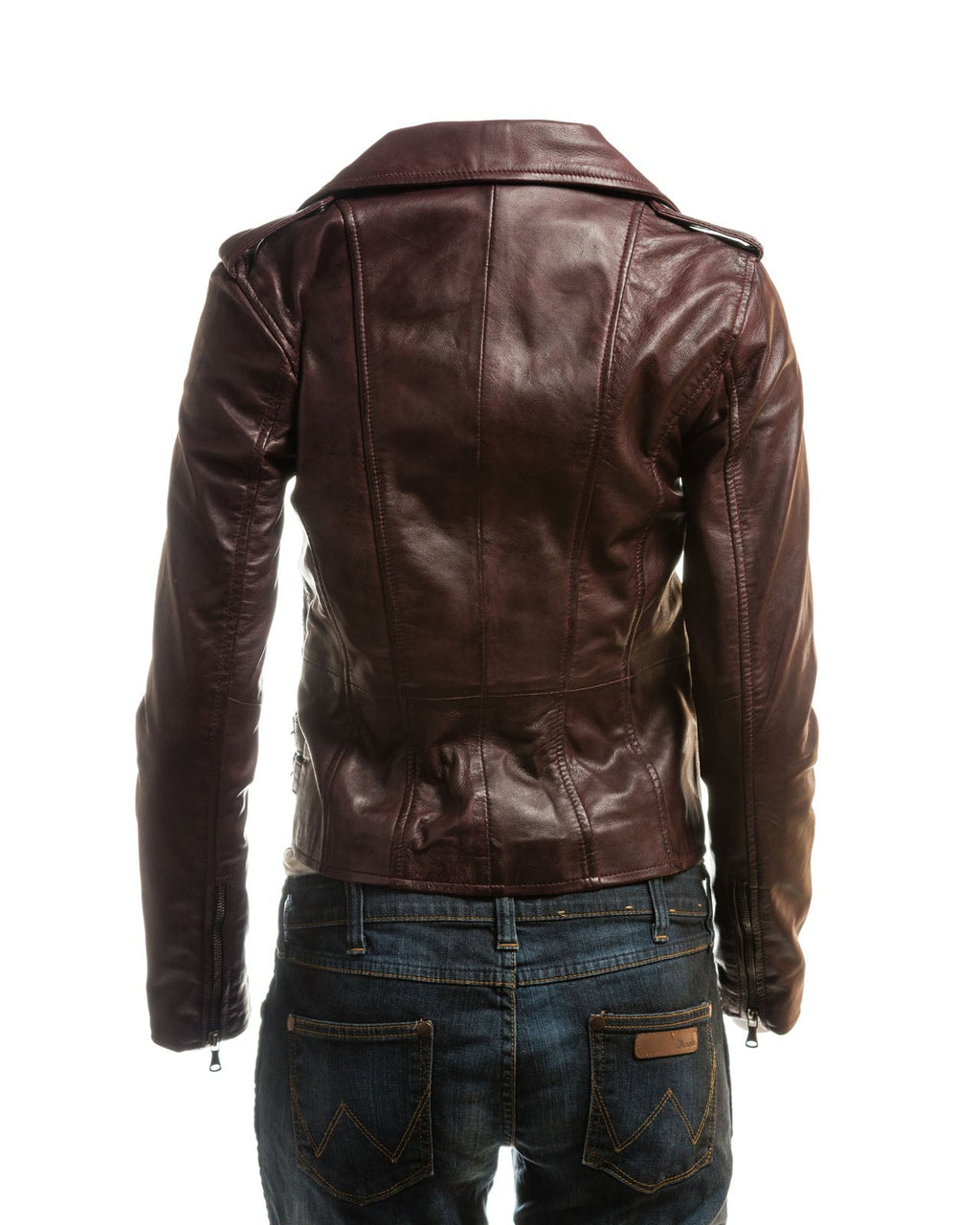 Ladies Tan Buckled Asymmetric Biker Style Leather Jacket: Angelica