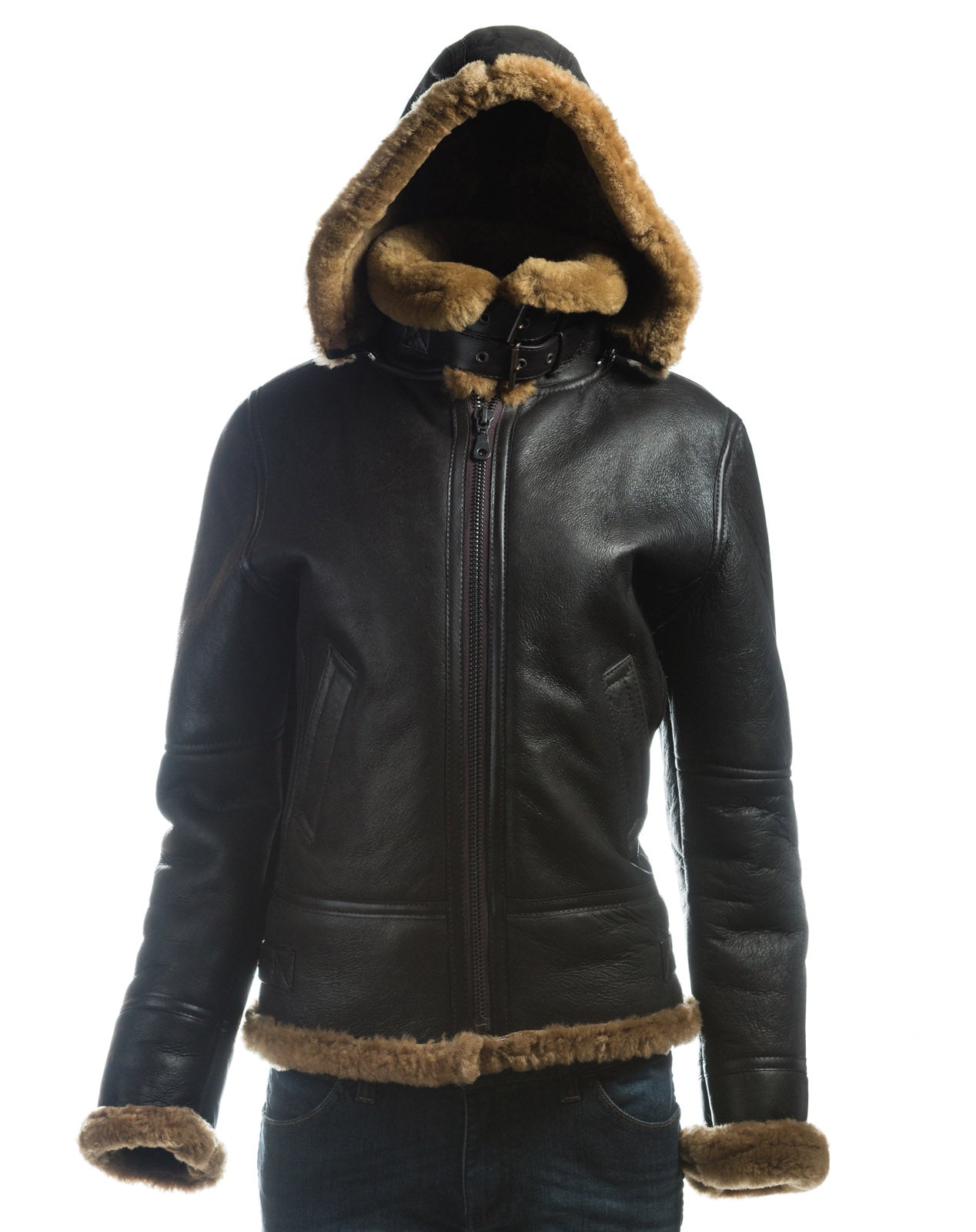 Ladies Brown and Ginger Straight Zip Sheepskin Flight Jacket With Detachable Hood - Torvi