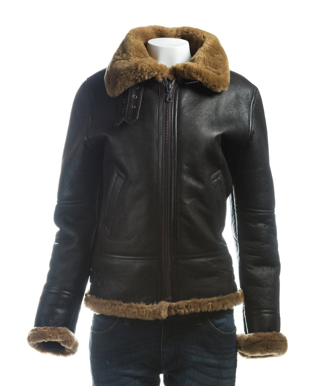 Ladies Brown and Ginger Straight Zip Sheepskin Flight Jacket With Detachable Hood - Torvi