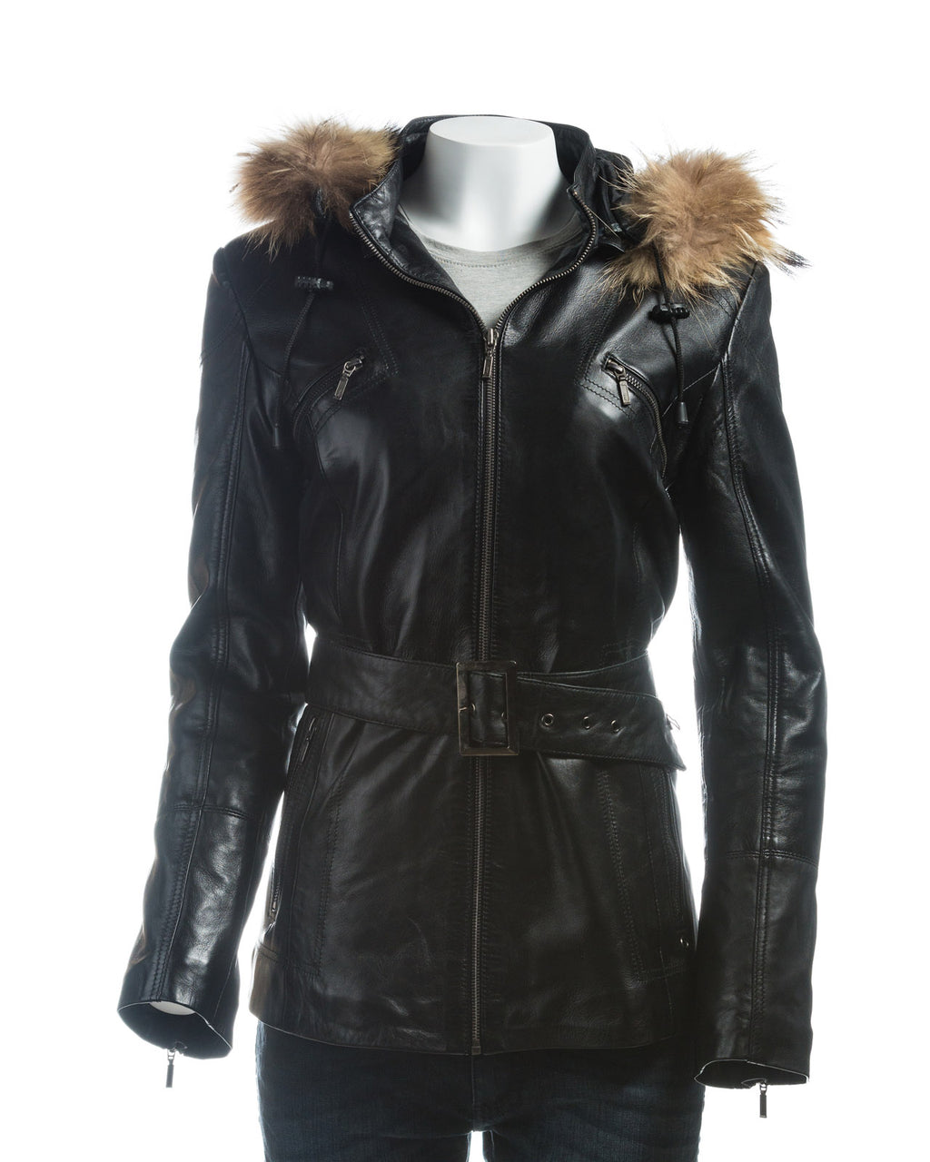 Ladies Black Belted Leather Coat With Detachable Fur Trimmed Hood: Paola