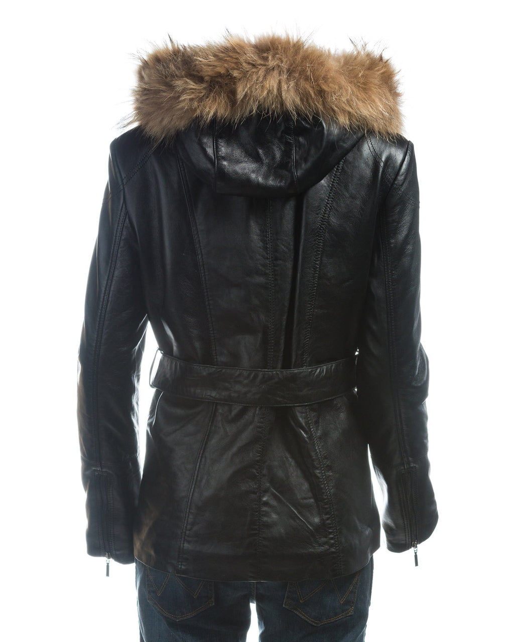 Ladies Black Belted Leather Coat With Detachable Fur Trimmed Hood: Paola