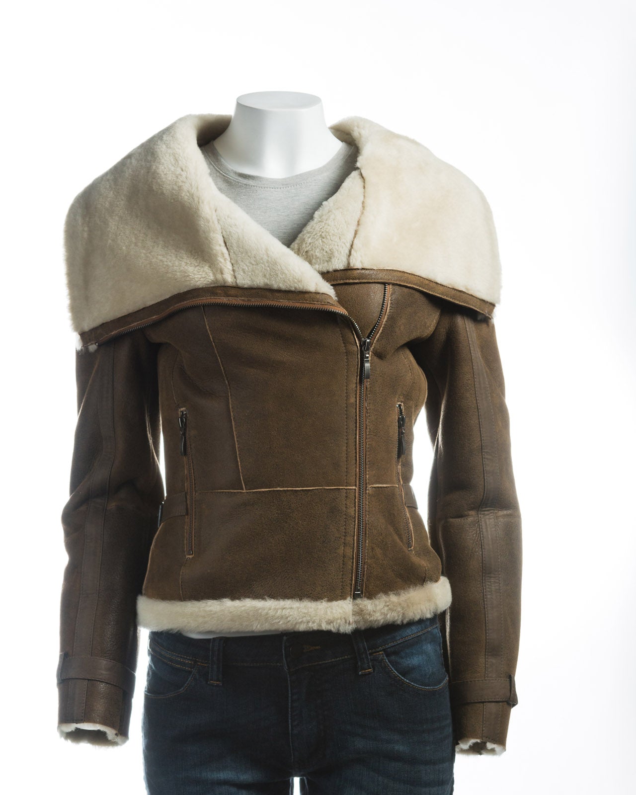 Ladies Antique Tan Sheepskin Jacket With Oversized Collar: Rita