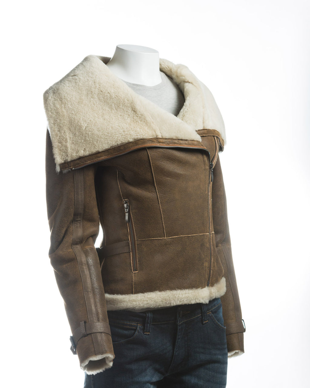 Ladies Antique Tan Sheepskin Jacket With Oversized Collar: Rita