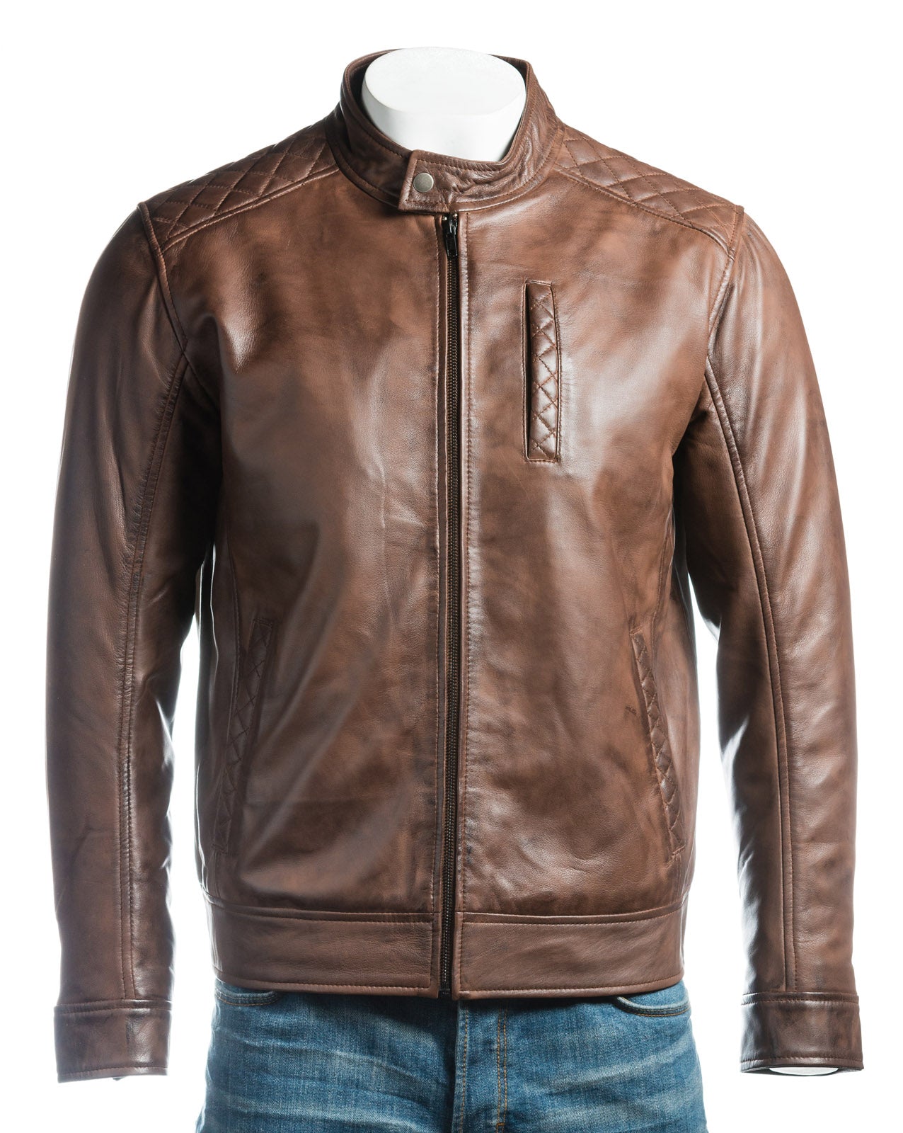 Men's Black Slim Fit Racer Style Leather Jacket With Shoulder Detail: Silvano
