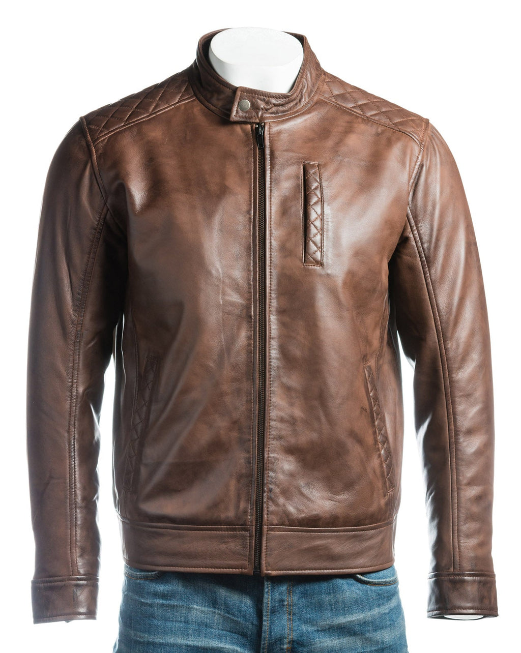 Men's Brown Slim Fit Racer Style Leather Jacket With Shoulder Detail: Silvano