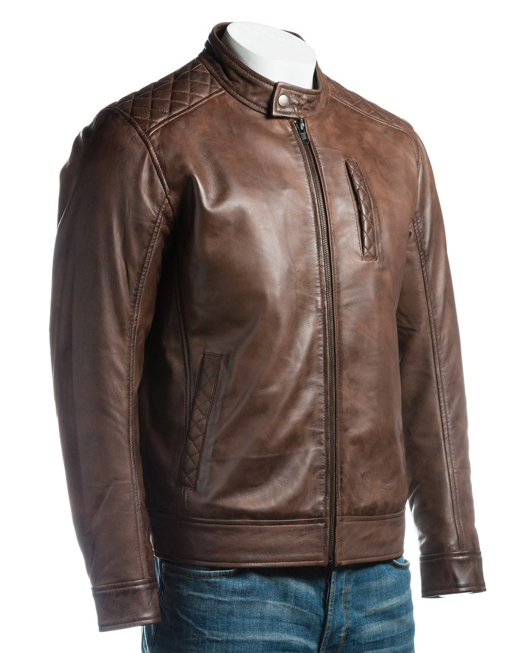 Men's Brown Slim Fit Racer Style Leather Jacket With Shoulder Detail: Silvano