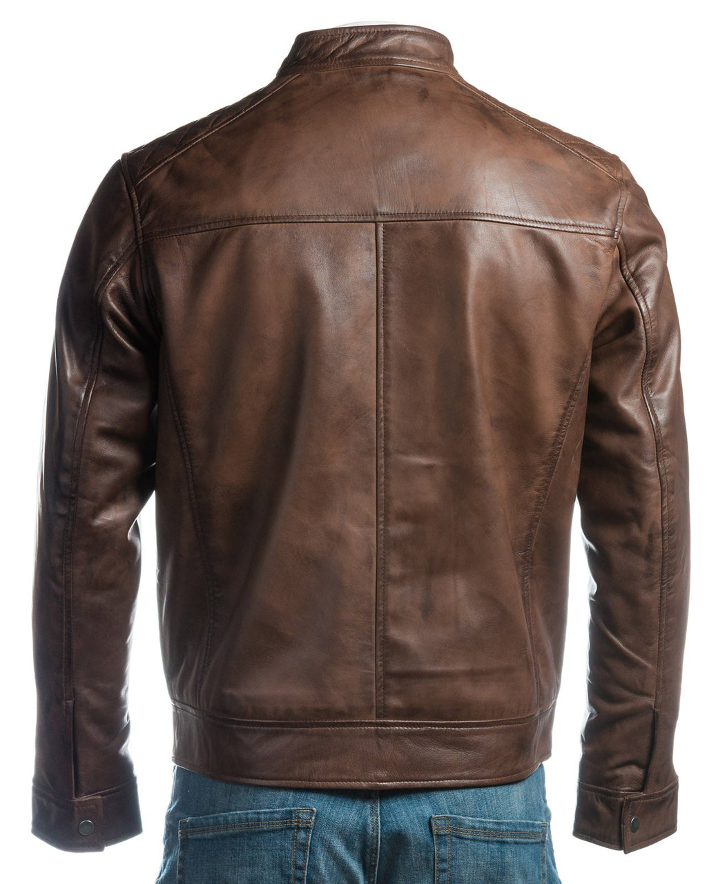 Men's Brown Slim Fit Racer Style Leather Jacket With Shoulder Detail: Silvano