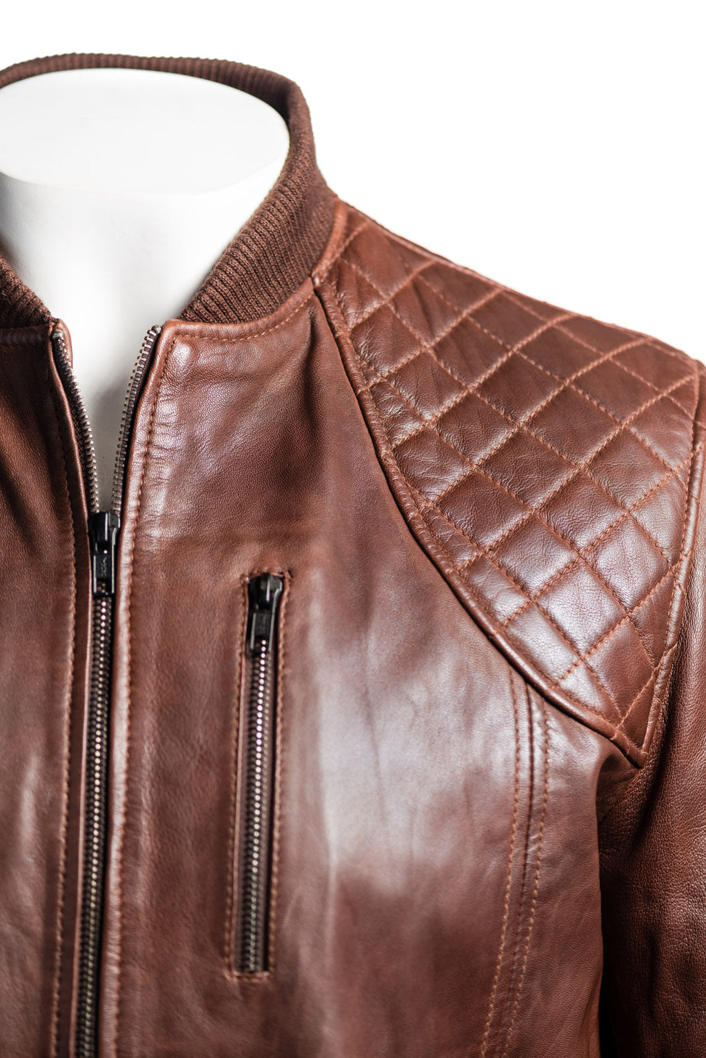 Men s Antique Brown Leather Rib Knit Collar Bomber Jacket With