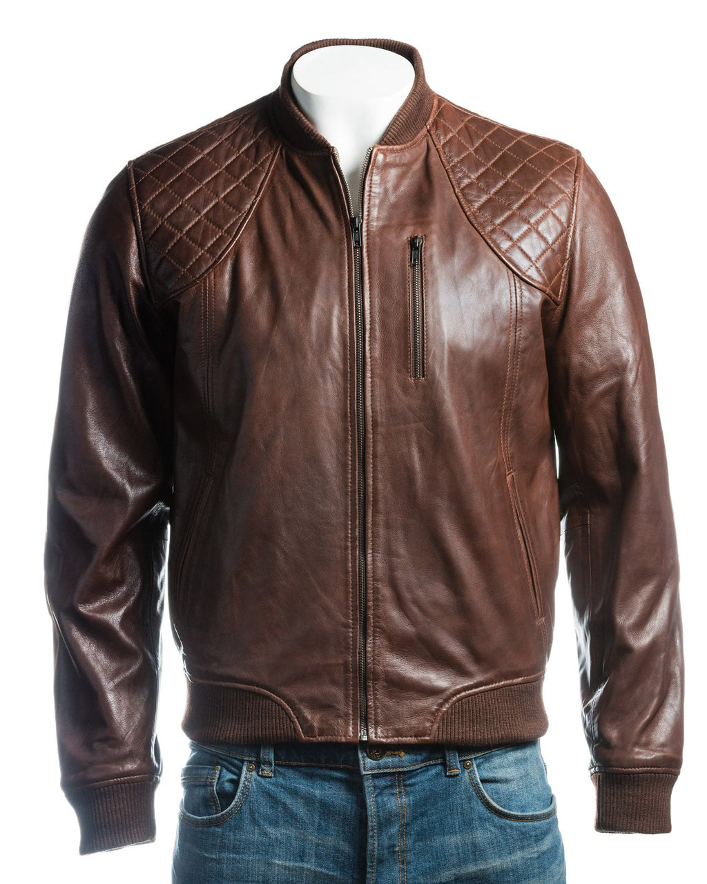 Men's Antique Brown Leather Rib Knit Collar Bomber Jacket With Diamond Shoulder Stitch Detail: Romeo
