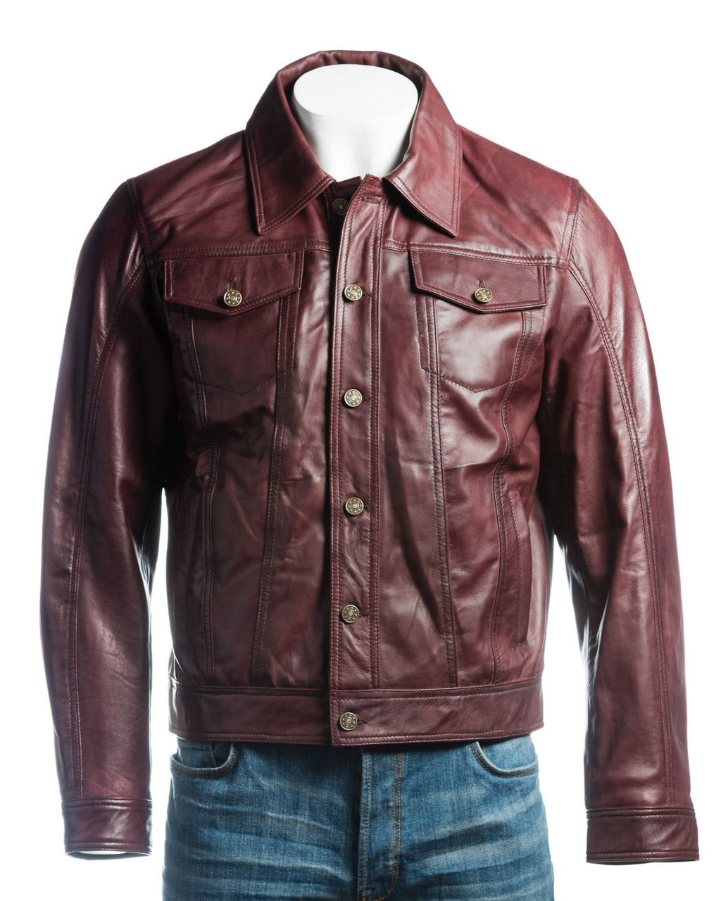 Men's Burgundy Denim Shirt Style Leather Jacket: Antonio