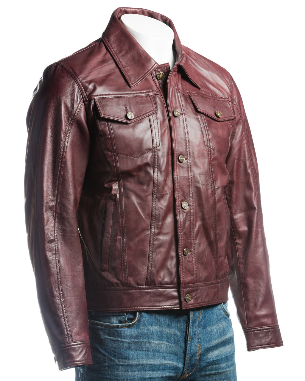 Men's Burgundy Denim Shirt Style Leather Jacket: Antonio