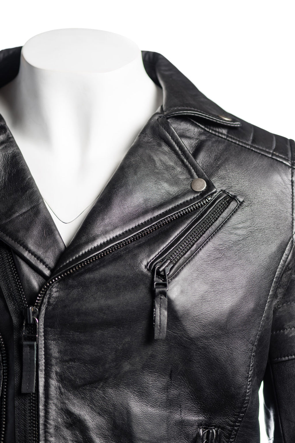 Men's Black Vintage Look Biker Style Leather Jacket: Placido