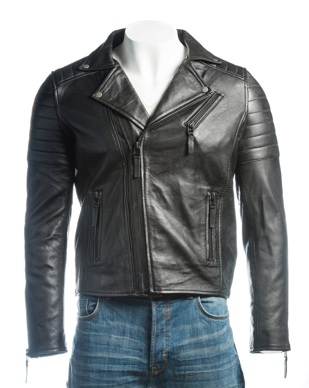 Men's Black Vintage Look Biker Style Leather Jacket: Placido