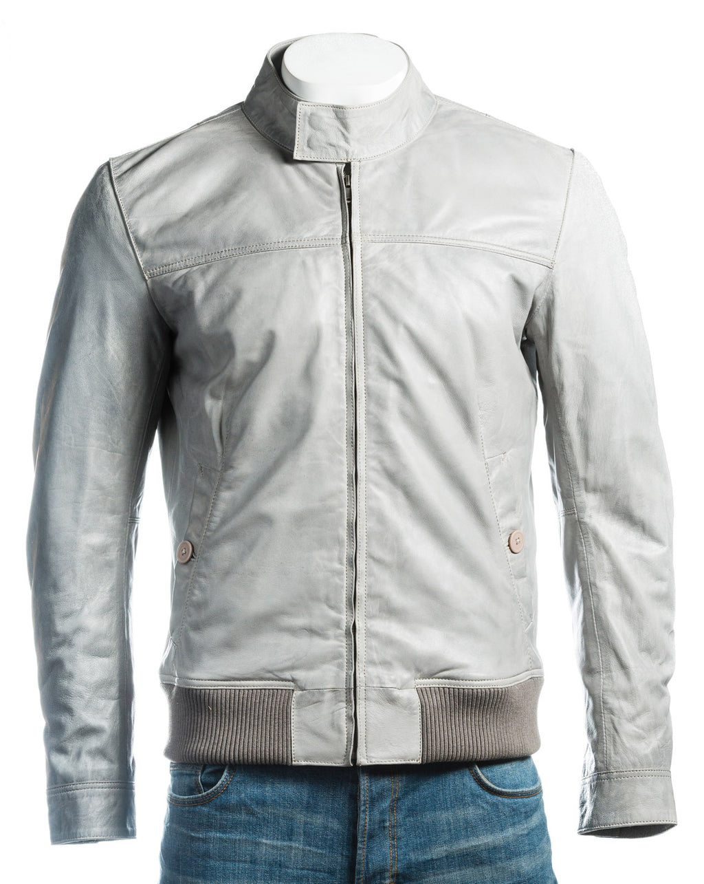 Men's Leather Bomber Jacket With Stand-Up Stud Fastening Collar: Romolo