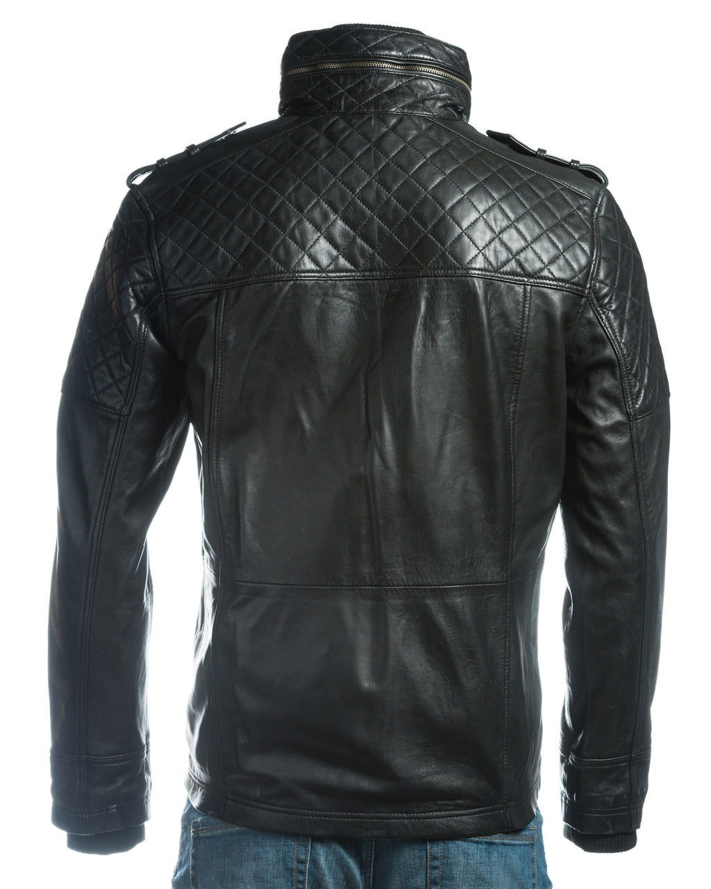 Men's Black Mid Length Leather Jacket With Double Collar Shoulder Stitch Detail: Orlando