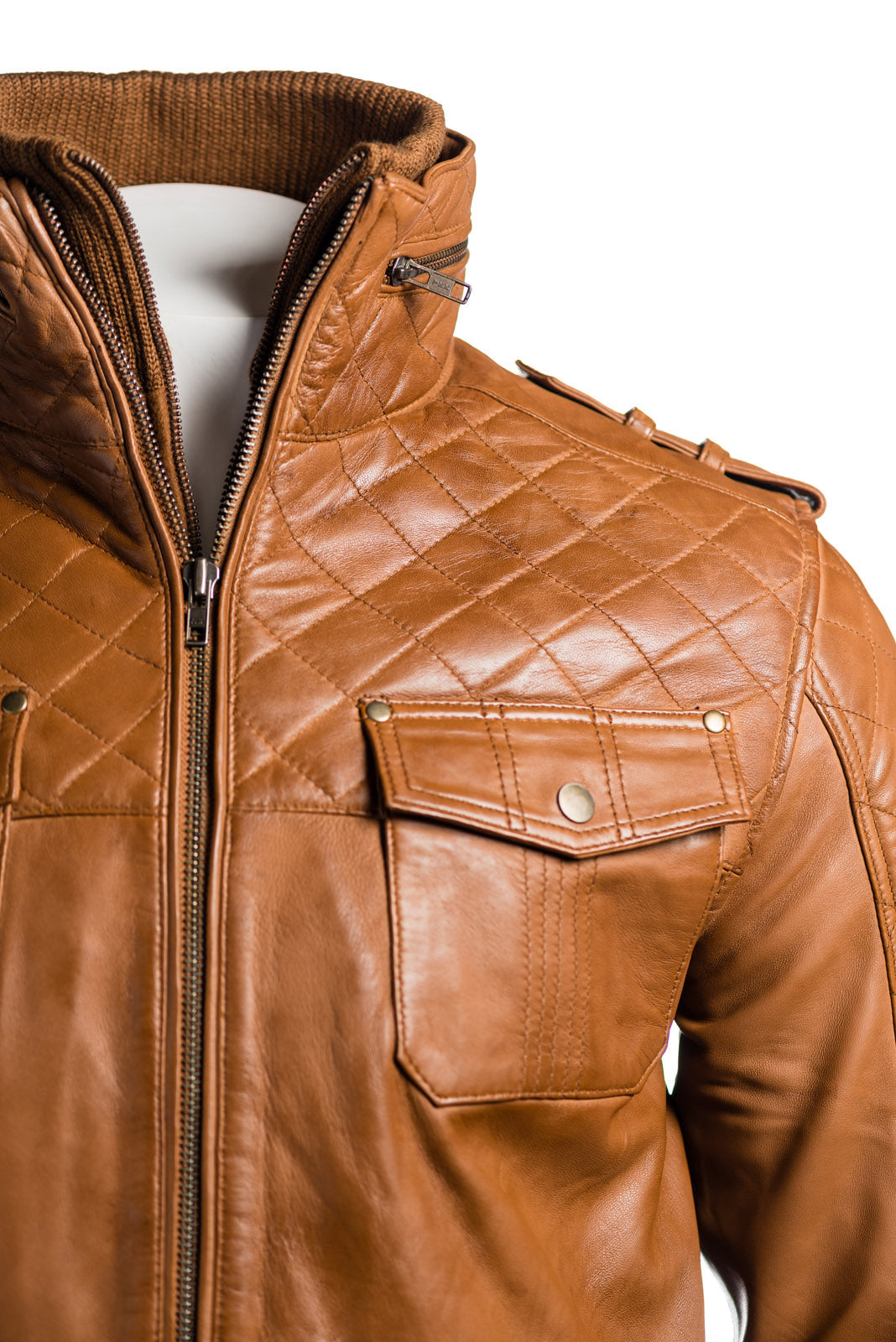 Men's Cognac Mid Length Leather Jacket With Double Collar Shoulder Stitch Detail: Orlando