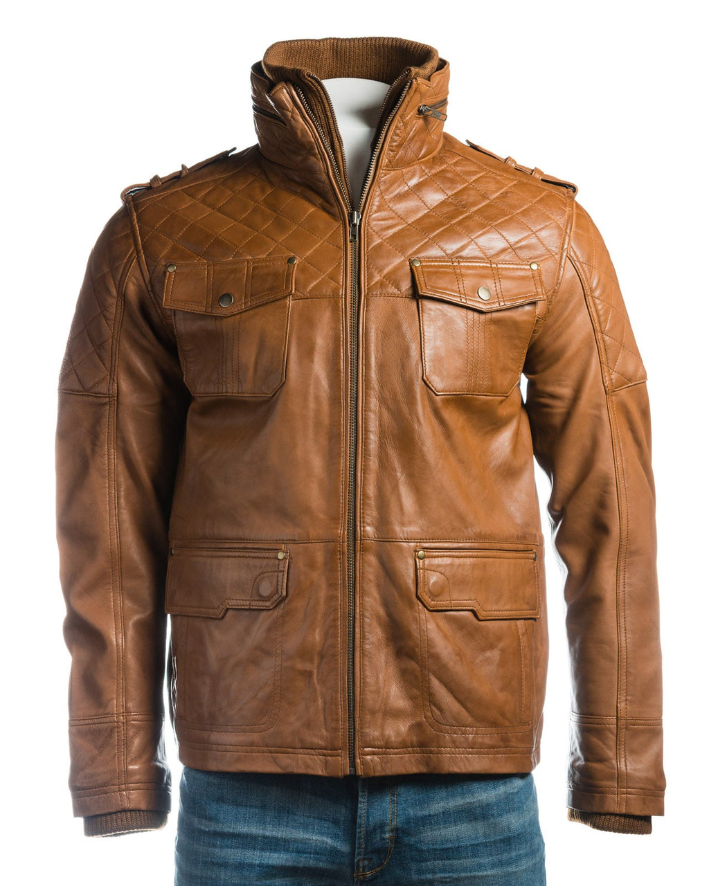 Men's Cognac Mid Length Leather Jacket With Double Collar Shoulder Stitch Detail: Orlando