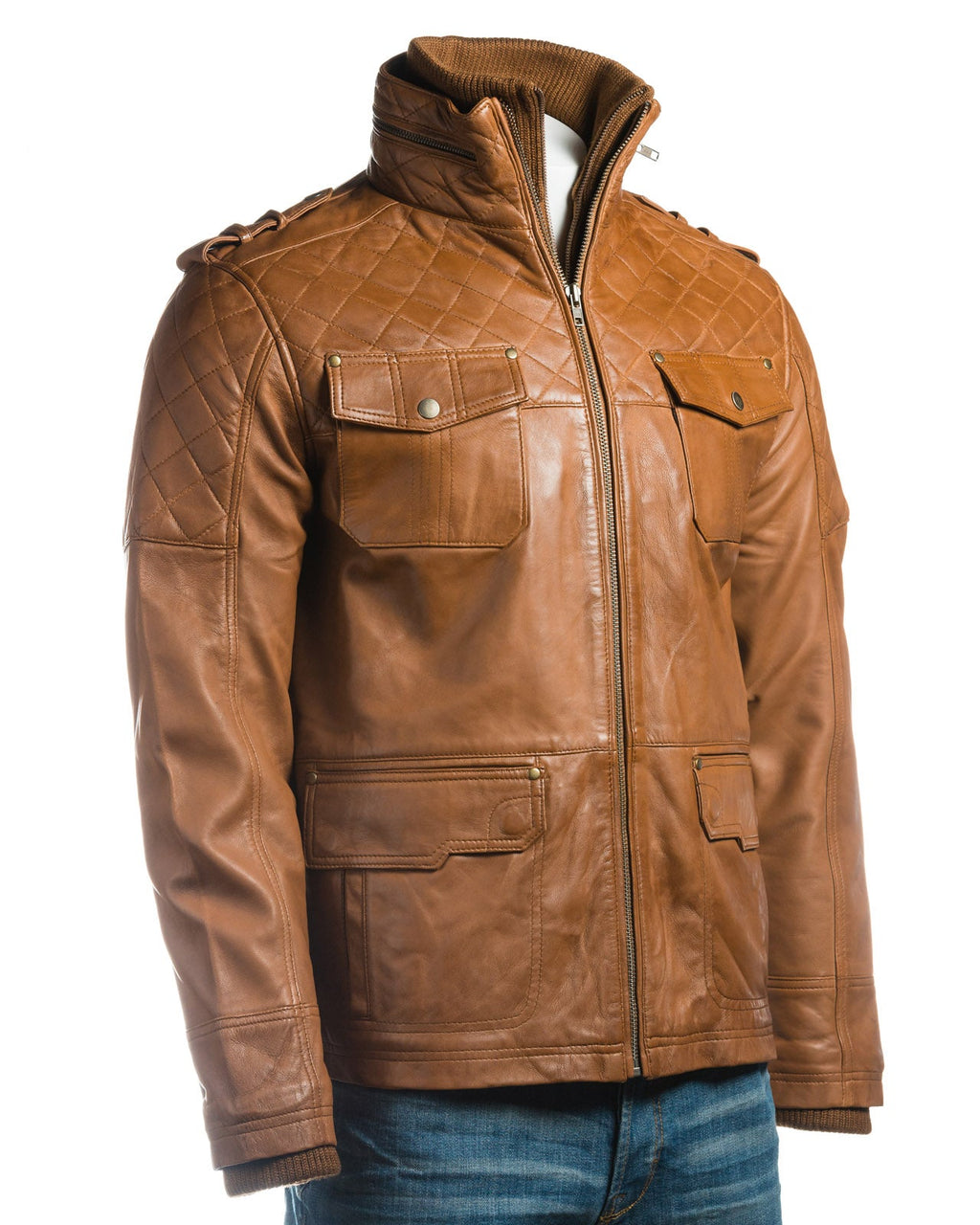 Men's Cognac Mid Length Leather Jacket With Double Collar Shoulder Stitch Detail: Orlando