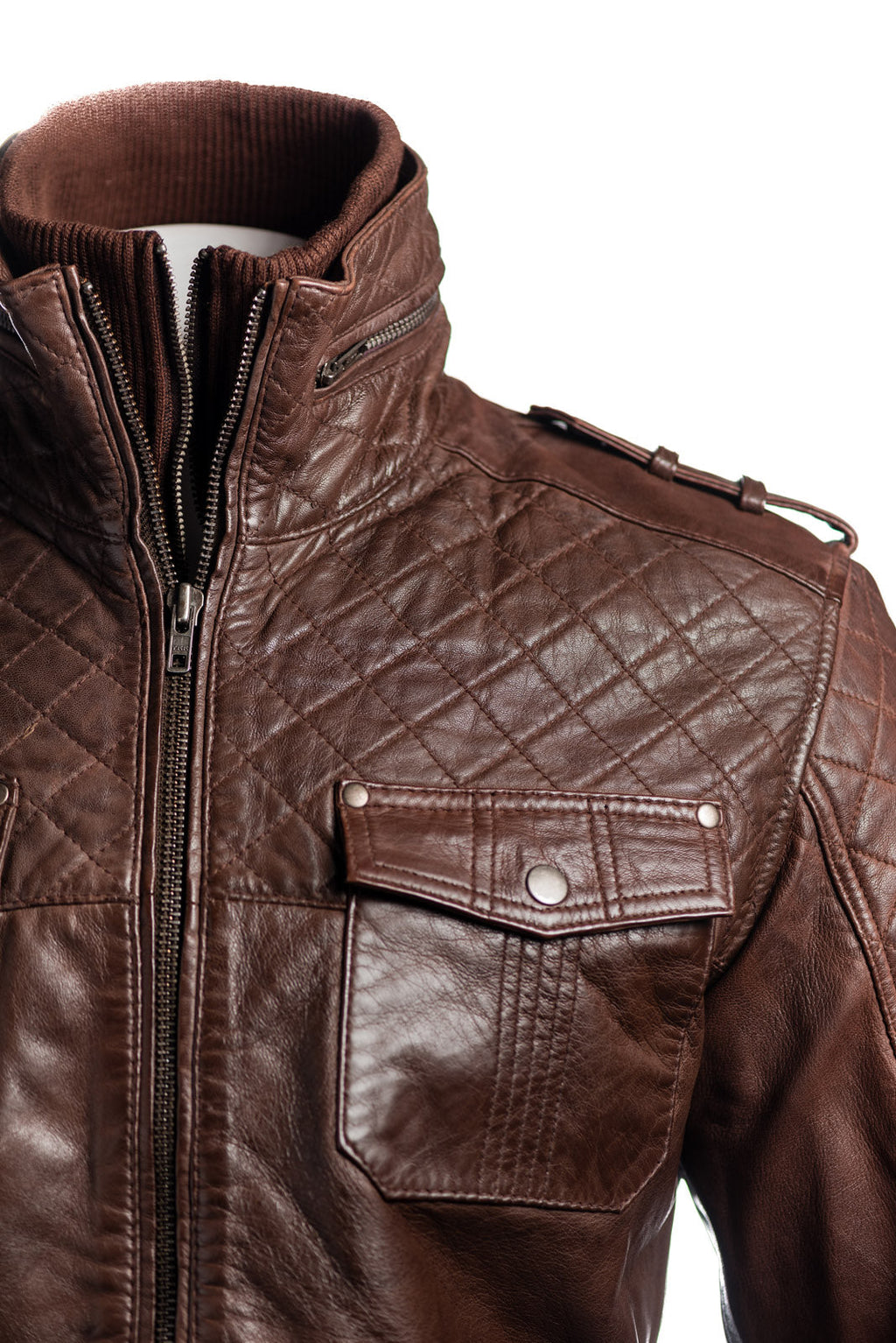 Men's Brown Mid Length Leather Jacket With Double Collar Shoulder Stitch Detail: Orlando