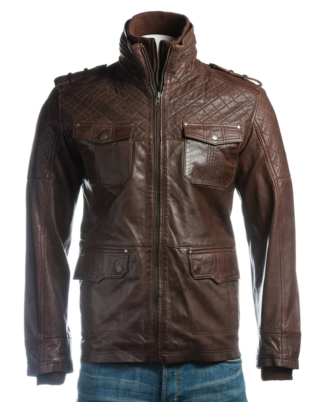 Men's Brown Mid Length Leather Jacket With Double Collar Shoulder Stitch Detail: Orlando