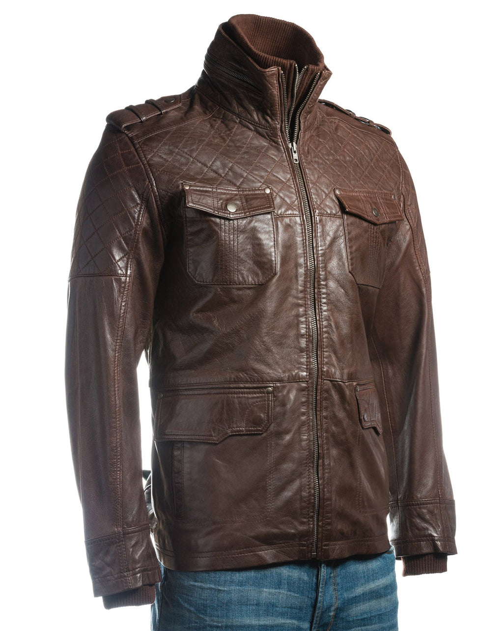 Men's Brown Mid Length Leather Jacket With Double Collar Shoulder Stitch Detail: Orlando