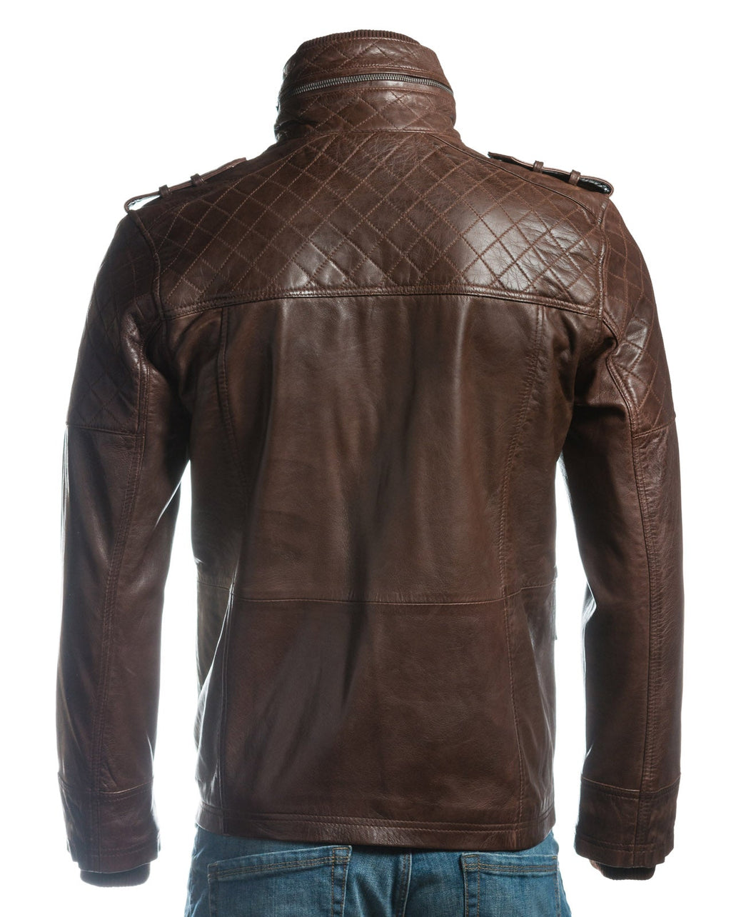 Men's Brown Mid Length Leather Jacket With Double Collar Shoulder Stitch Detail: Orlando