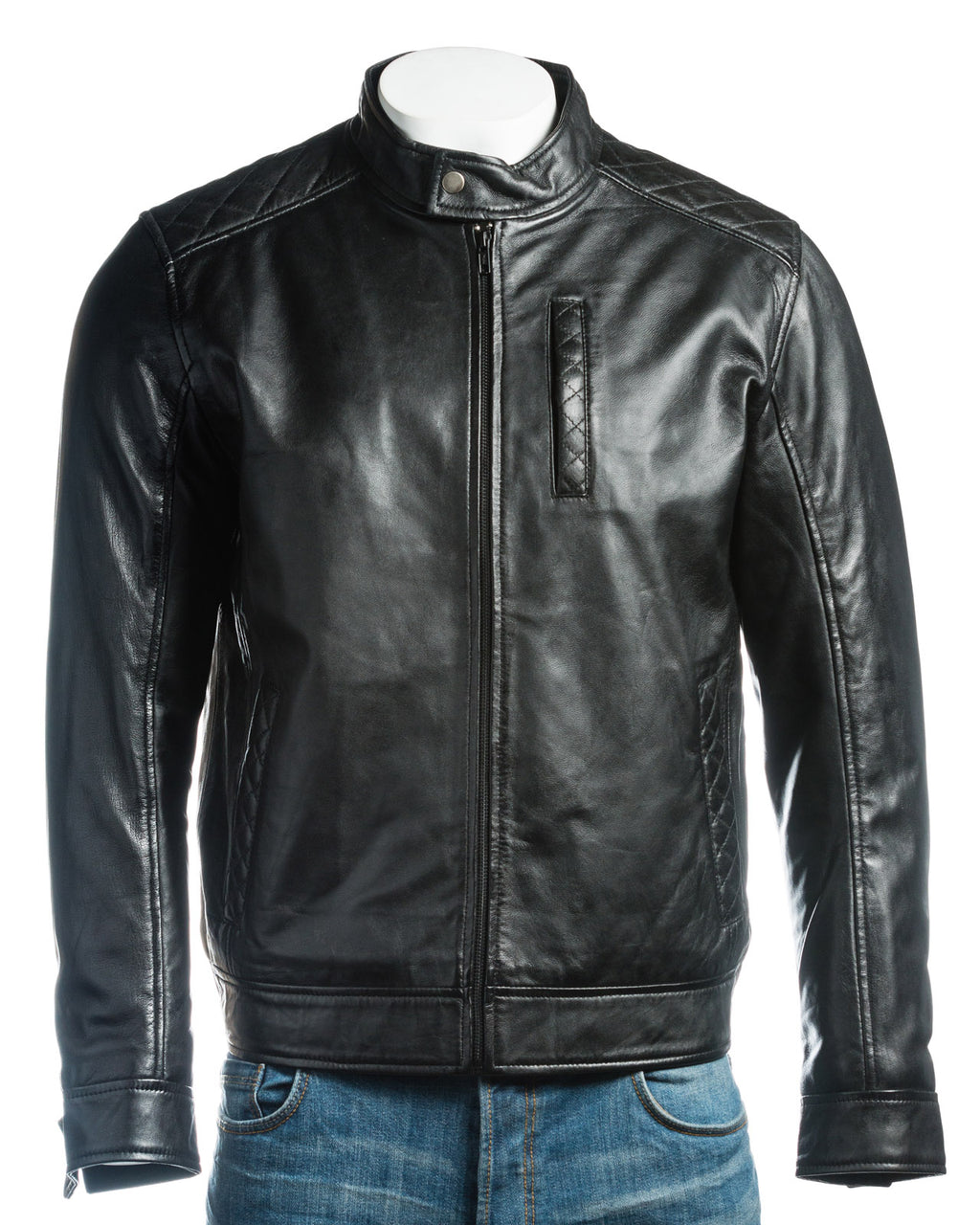 Men's Black Slim Fit Racer Style Leather Jacket With Shoulder Detail: Silvano