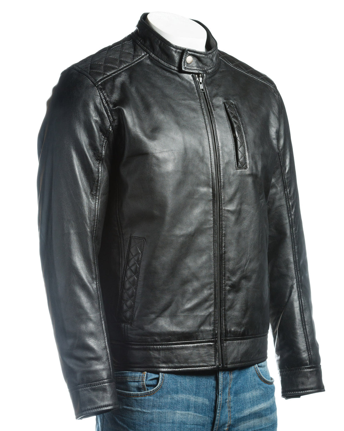 Men's Black Slim Fit Racer Style Leather Jacket With Shoulder Detail: Silvano