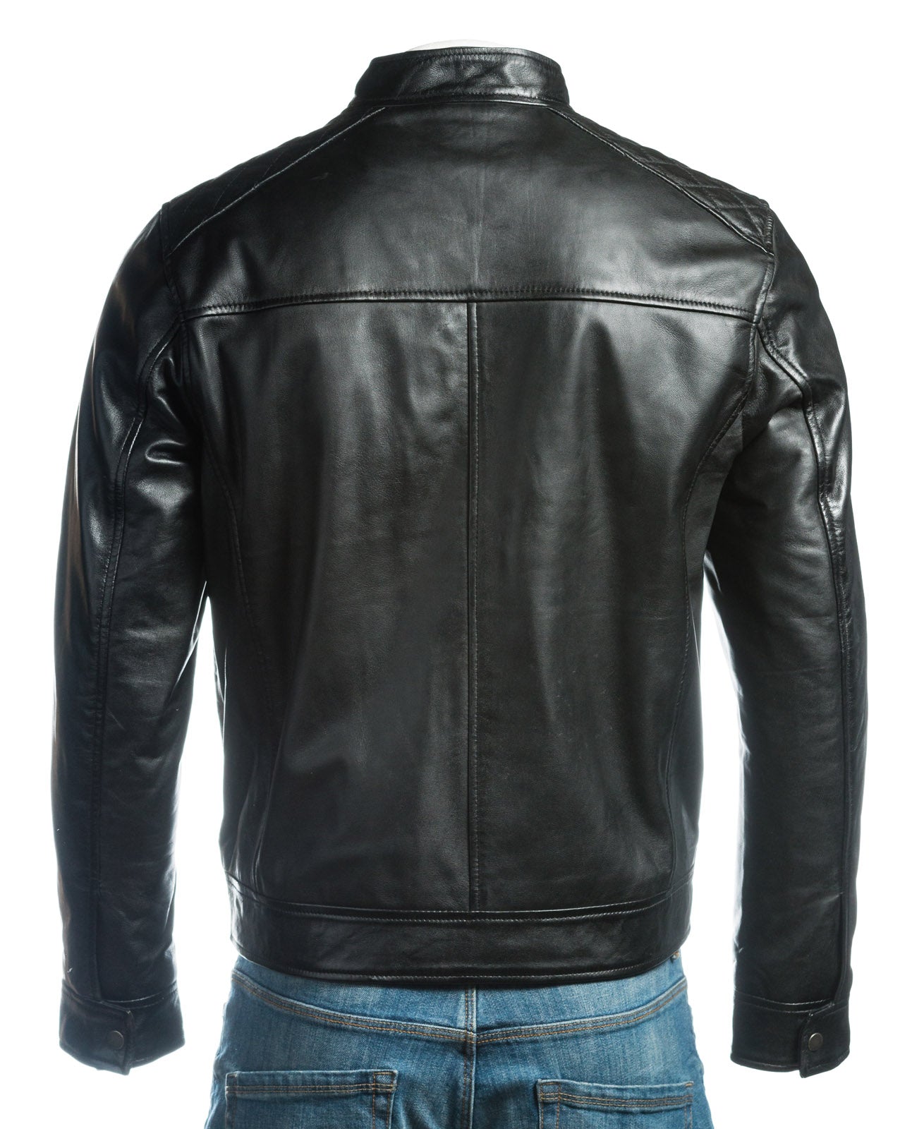 Men's Black Slim Fit Racer Style Leather Jacket With Shoulder Detail: Silvano
