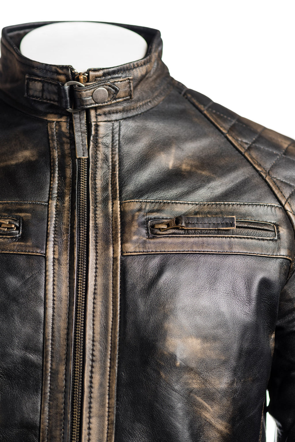Men's Antique Black Diamond Shoulder Biker Style Leather Jacket: Geronimo