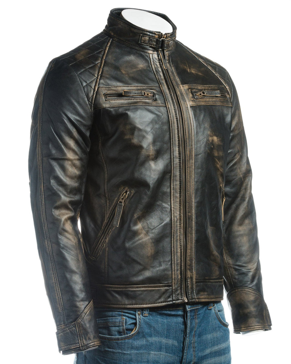 Men's Antique Black Diamond Shoulder Biker Style Leather Jacket: Geronimo