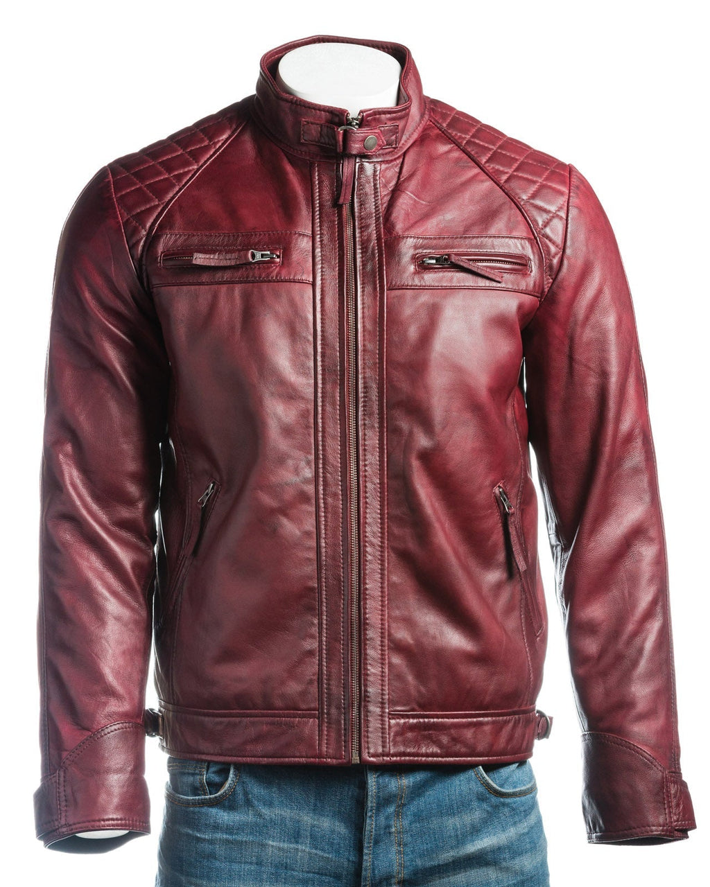 Men's Burgundy Diamond Shoulder Biker Style Leather Jacket: Geronimo
