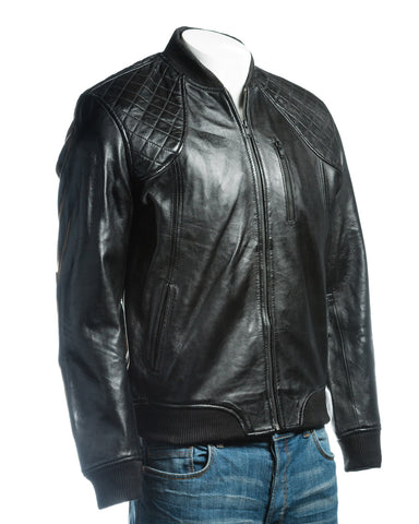 Men's Black Leather Rib Knit Collar Bomber Jacket With Diamond Shoulder Stitch Detail: Romeo