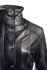 Ladies Black Belted Funnel Neck Vintage Style Leather Jacket: Daria