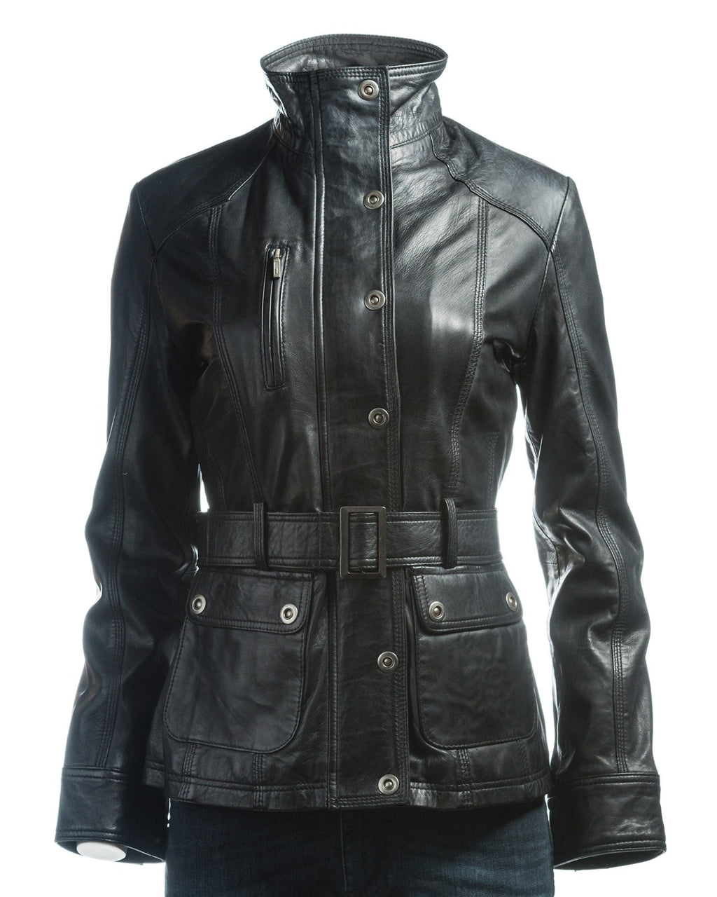 Ladies Black Belted Funnel Neck Vintage Style Leather Jacket: Daria