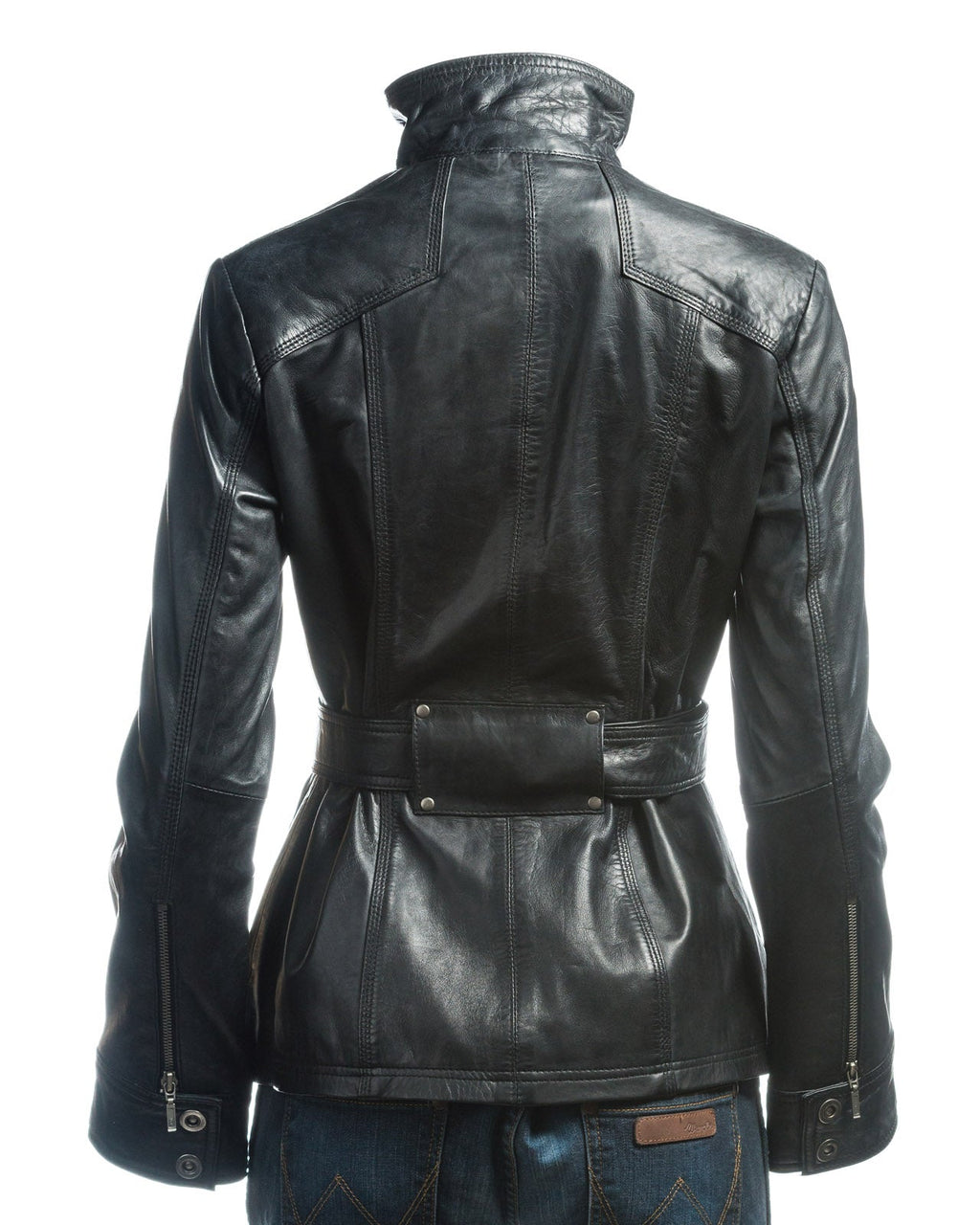 Ladies Black Belted Funnel Neck Vintage Style Leather Jacket: Daria