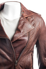Ladies Brown Simple Asymmetric Biker Style Leather Jacket: Augusta