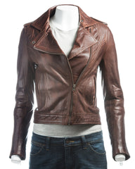 Ladies Brown Simple Asymmetric Biker Style Leather Jacket: Augusta