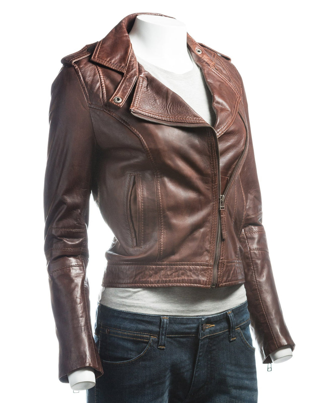 Ladies Brown Simple Asymmetric Biker Style Leather Jacket: Augusta