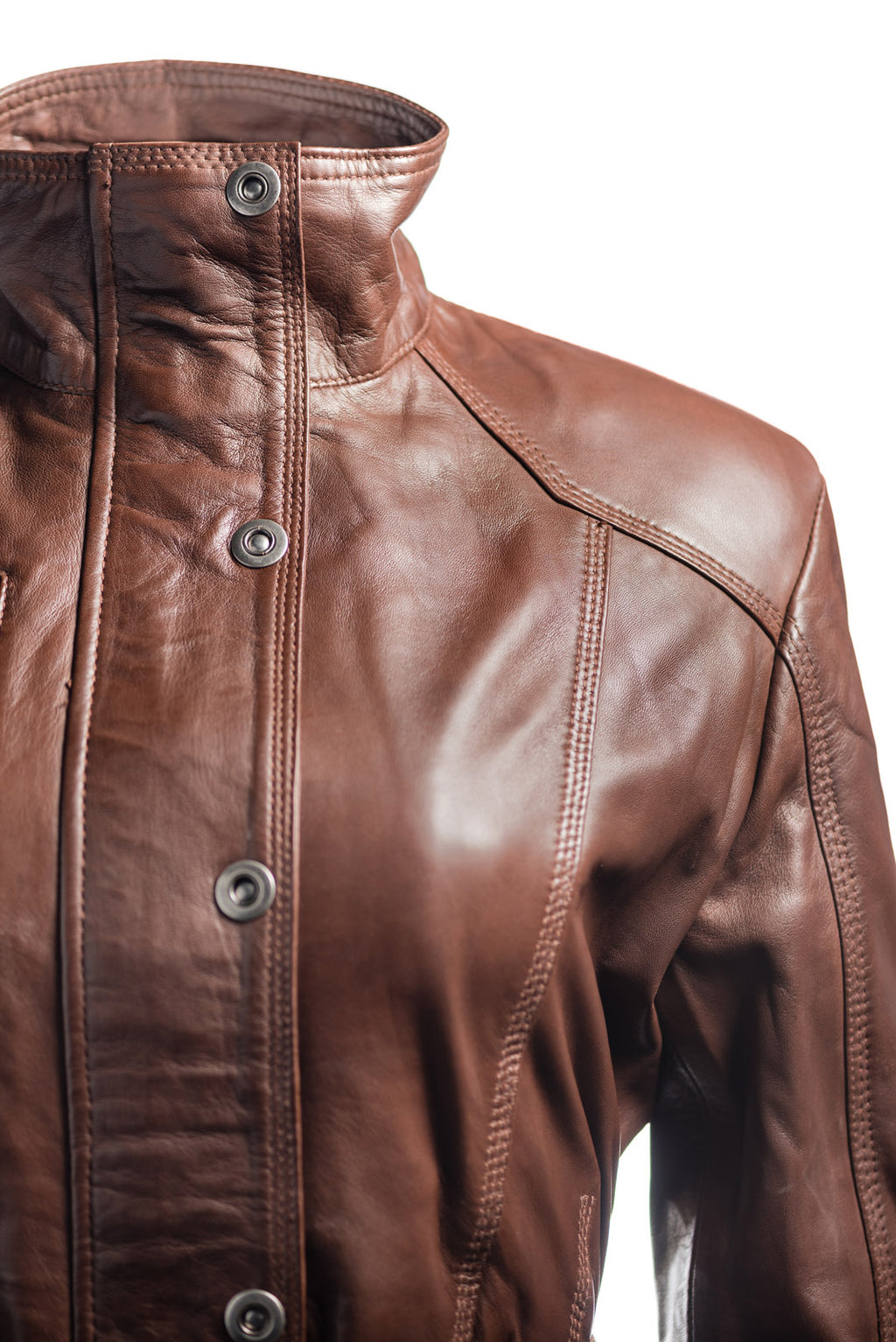 Ladies Brown Belted Funnel Neck Vintage Style Leather Jacket: Daria