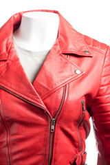 Ladies Red Cropped Leather Biker Style Jacket: Concetta