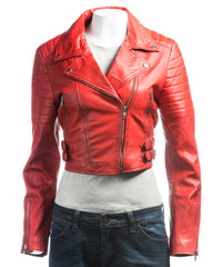 Ladies Red Cropped Leather Biker Style Jacket: Concetta