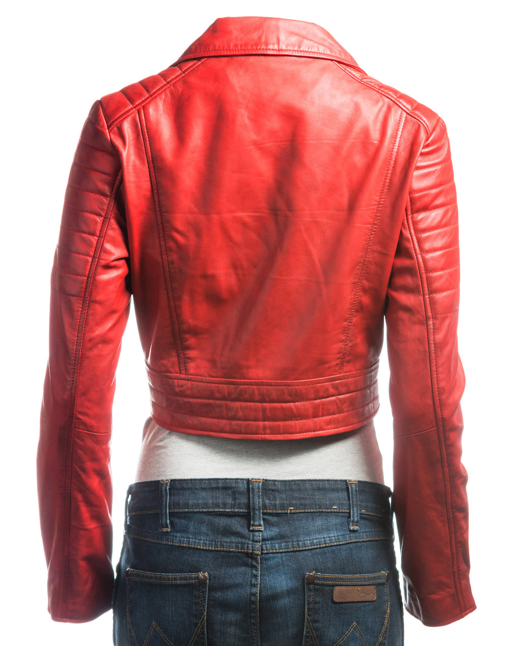 Ladies Red Cropped Leather Biker Style Jacket: Concetta