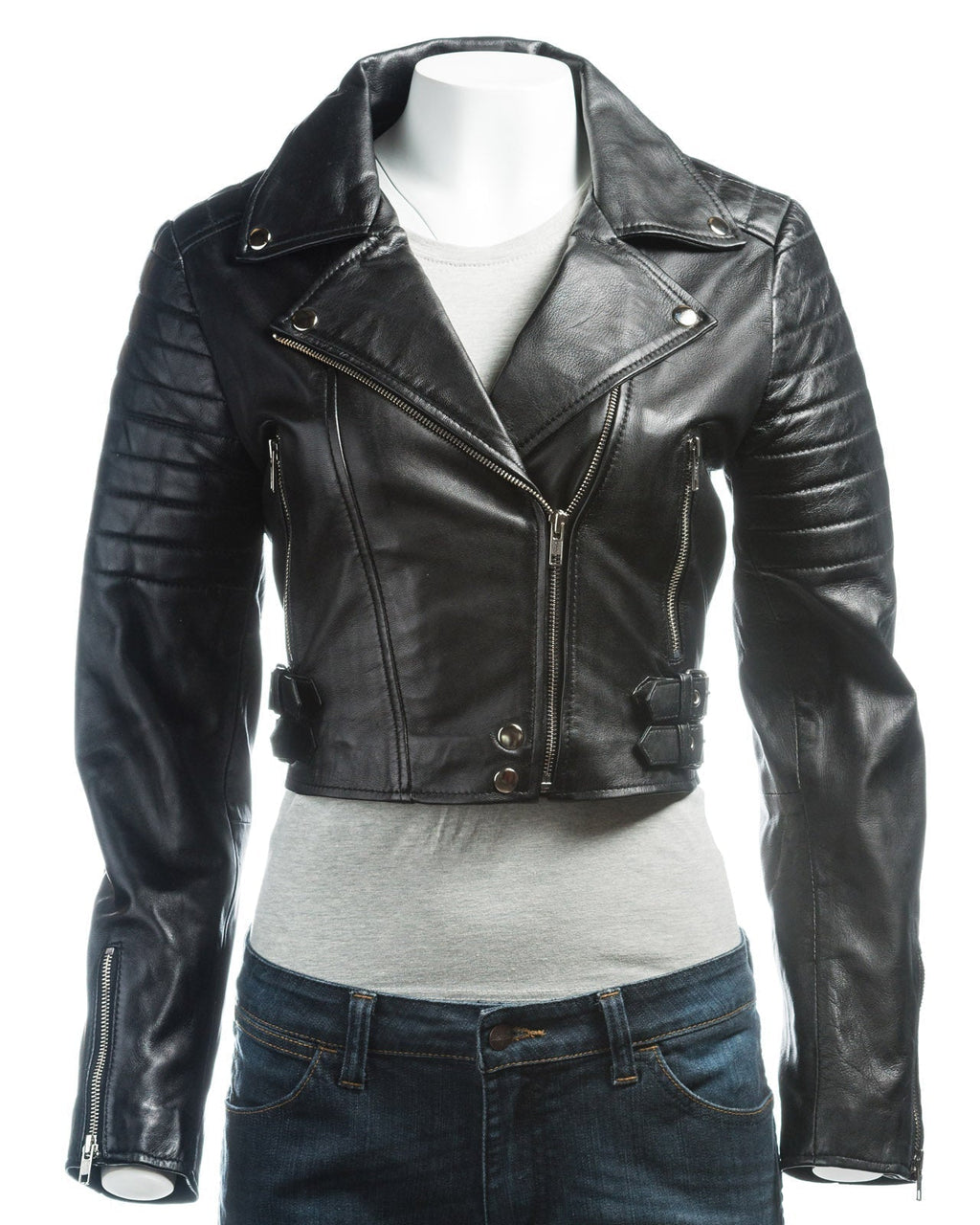 Ladies Black Cropped Leather Biker Style Jacket: Concetta