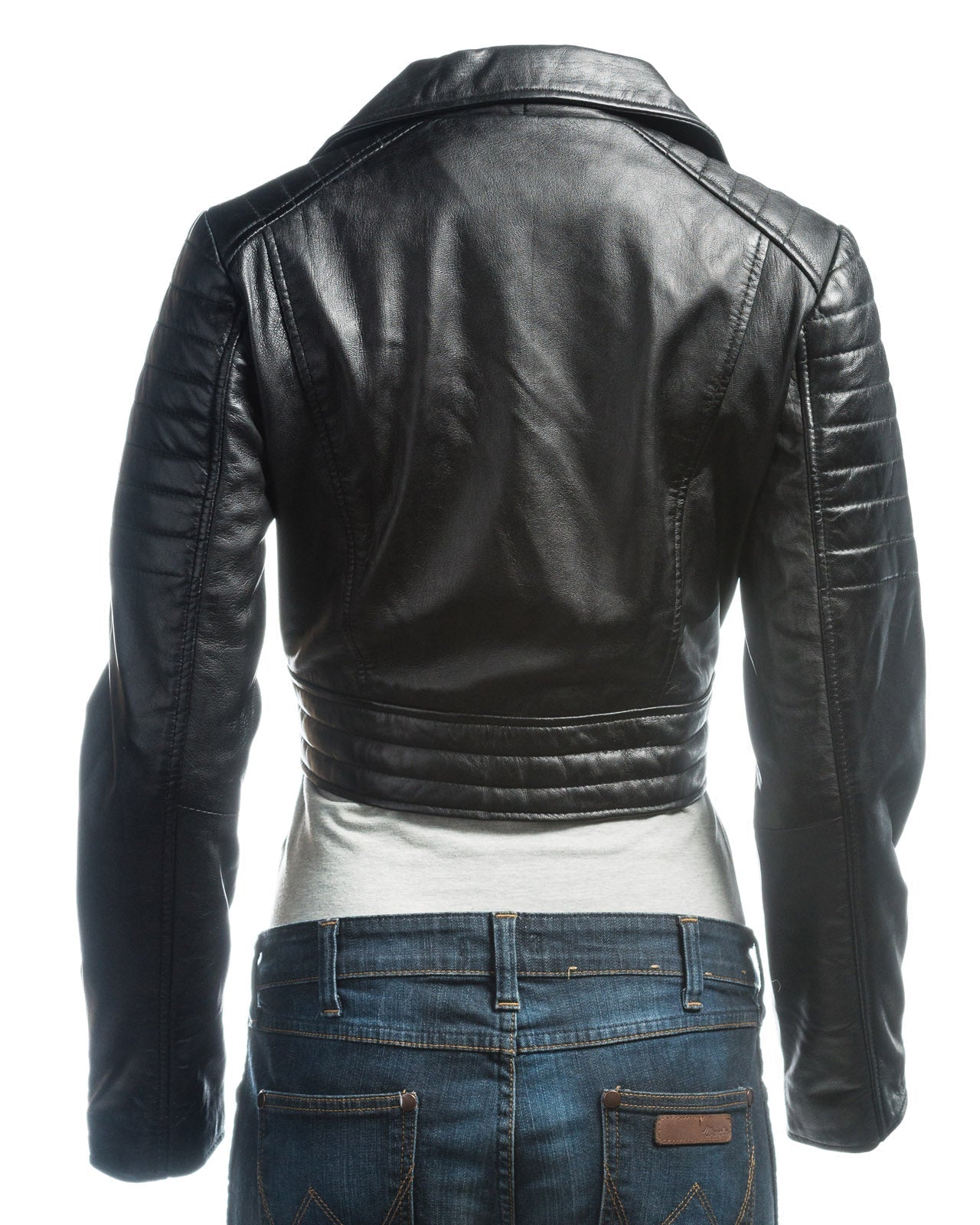Ladies Black Cropped Leather Biker Style Jacket: Concetta